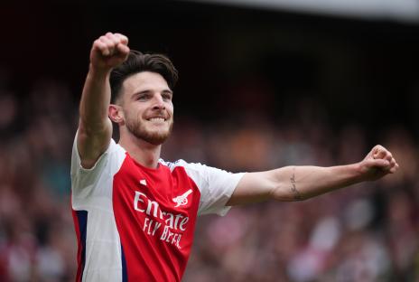 Declan Rice celebrating a goal for Arsenal.