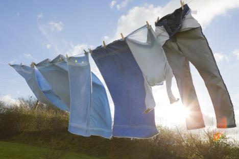 Laundry drying on a clothesline outdoors.