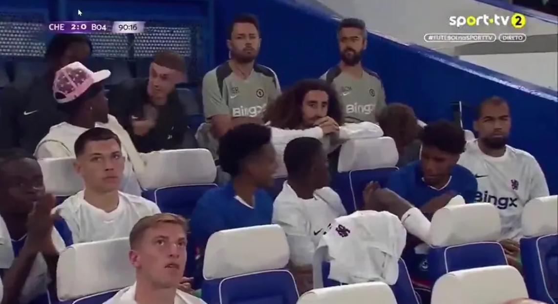 Liam Delap's reaction on the bench after a goal.
