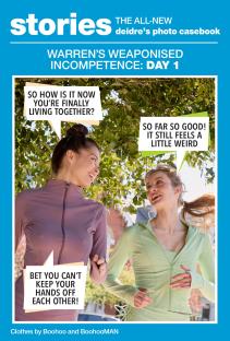 Illustration of two women jogging, with speech bubbles containing dialogue about their new life together.