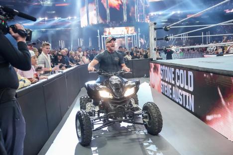 LAS VEGAS, NEVADA - APRIL 20: Stone Cold Steve Austin makes his entrance during WrestleMania 41 Sunday at Allegiant Stadium on April 20, 2025 in Las Vegas, Nevada. (Photo by WWE/WWE via Getty Images)