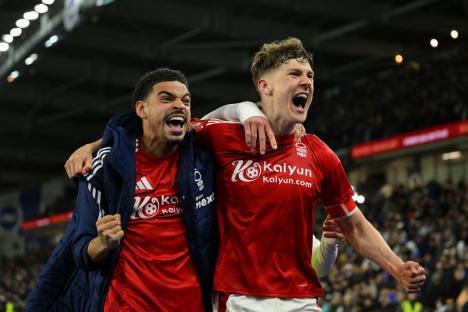 Alamy Live News. 3A94WTA Morgan Gibbs-White of Nottingham Forest and Ryan Yates of Nottingham Forest celebrate victory during the Emirates FA Cup Quarter Final match between Brighton and Hove Albion and Nottingham Forest at the American Express Community Stadium, Brighton and Hove on Saturday 29th March 2025. (Photo: Jon Hobley | MI News) This is an Alamy Live News image and may not be part of your current Alamy deal . If you are unsure, please contact our sales team to check.