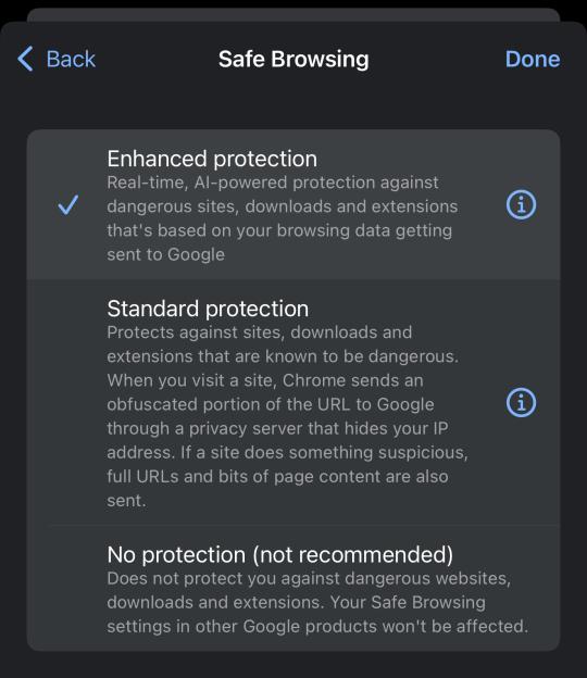 Chrome Safe Browsing settings: enhanced, standard, and no protection options.