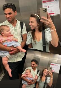 Collage of a family with a baby in an elevator.