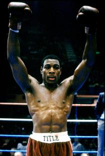 Frank Bruno celebrating a boxing victory.