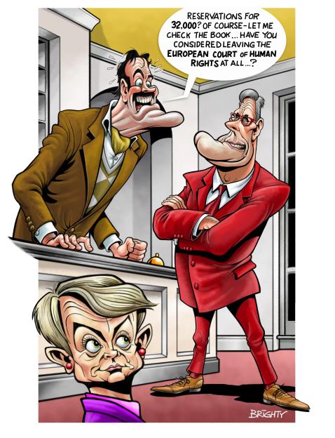 Illustration of three caricatured figures at a hotel reception desk, with one asking about a large reservation.