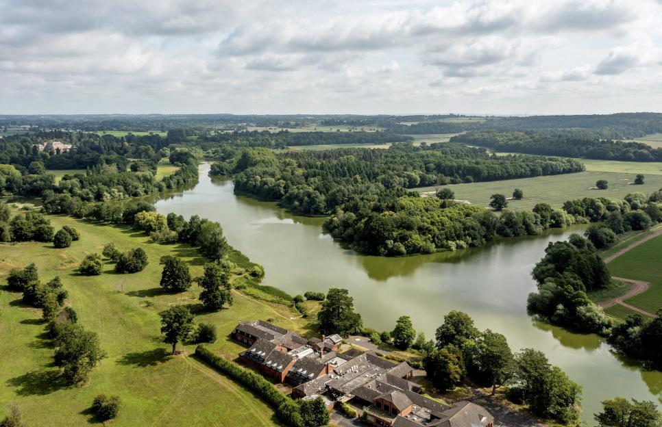 Aerial view of Patshull Park Hotel Golf and Country Club, situated on 200 acres of rolling Shropshire countryside.