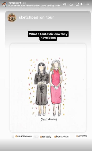 Illustration of Claudia Winkleman in a black dress and Tess Daly in a red dress with falling confetti.