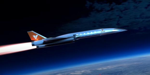 Illustration of a hypersonic jet flying above Earth.