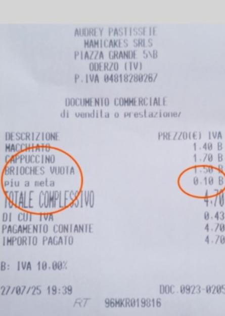 Bakery receipt showing a charge for cutting a croissant in half.