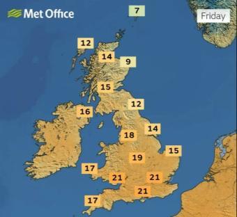 UK weather map showing Friday's temperatures.