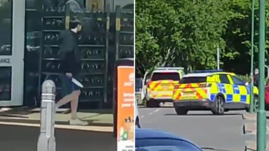 Terrifying moment knife maniac tries to smash his way into Scots supermarket with huge blade