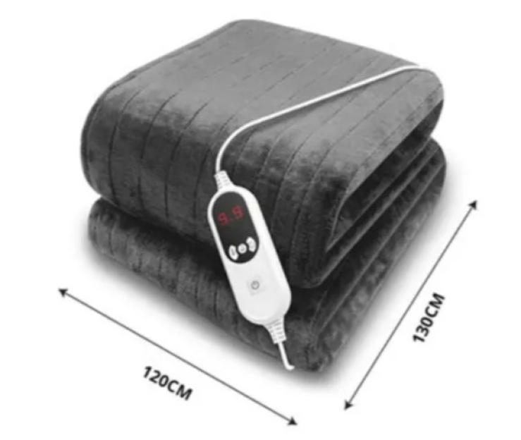 Folded grey heated blanket with a white digital controller, showing dimensions of 120cm by 130cm.