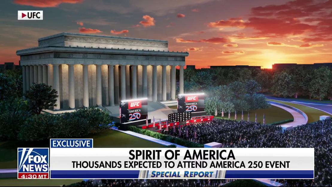 Illustration of a UFC America 250 event at the Lincoln Memorial with a large crowd at sunset.