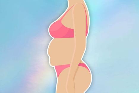 Illustration of a woman's body with abdominal fat, shown in profile wearing a pink bikini.