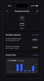 Roblox parental controls screen showing pending requests and screen time.
