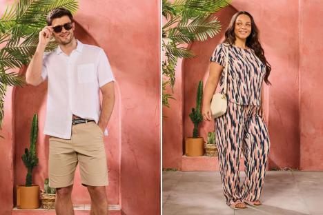 An image collage containing 2 images, Image 1 shows Man in white shirt and beige chino shorts, Image 2 shows Woman wearing printed crinkle trousers and matching top