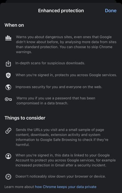 Chrome's enhanced protection details: warnings for dangerous sites, scans for suspicious downloads, account protection, and data privacy considerations.