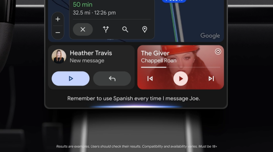 Android Auto interface showing a new message notification and music controls.