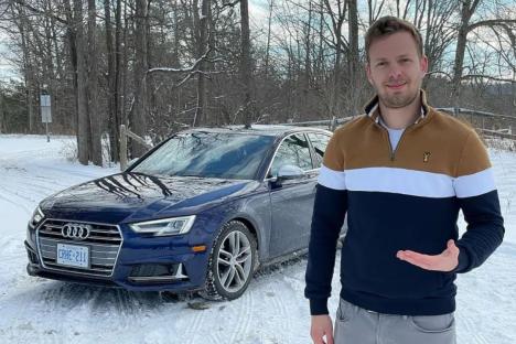 An image collage containing 1 images, Image 1 shows Man standing in snowy area next to a blue Audi