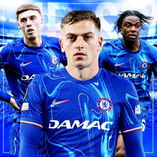 Three Chelsea football players in their blue jerseys.