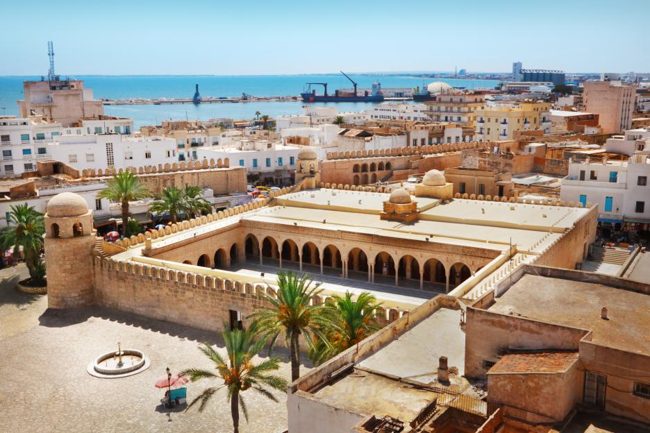 Aerial view of the Great Mosque of Sousse, Tunisia.
