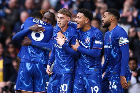 Chelsea players celebrating a goal.