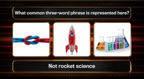 Illustration of a quiz question: What common three-word phrase is represented here? showing a knot, a rocket, and laboratory glassware; the answer is