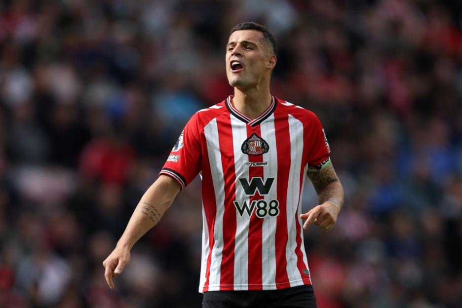 SUNDERLAND, ENGLAND - SEPTEMBER 21: Granit Xhaka of Sunderland reacts during the Premier League match between Sunderland and Aston Villa at Stadium of Light on September 21, 2025 in Sunderland, England. (Photo by George Wood/Getty Images)