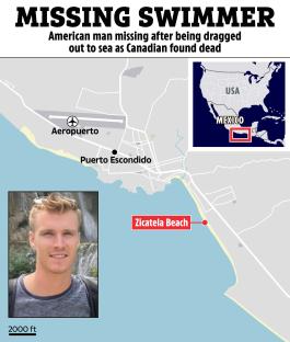 Illustration of missing swimmer: map of Zicatela Beach, Mexico, and photo of the man.