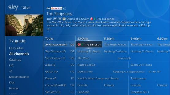 Sky TV guide showing program listings.