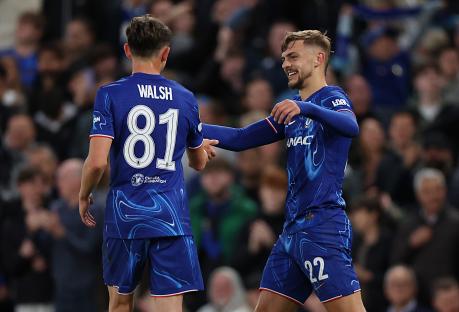 Kiernan Dewsbury-Hall and Reggie Walsh of Chelsea celebrating a goal.
