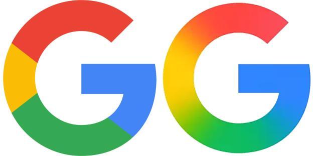 Two Google logos side-by-side; one with the standard colors, the other with a rainbow gradient.