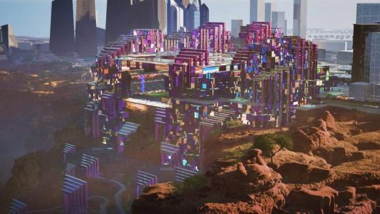 Illustration of a futuristic city built into a rocky landscape.