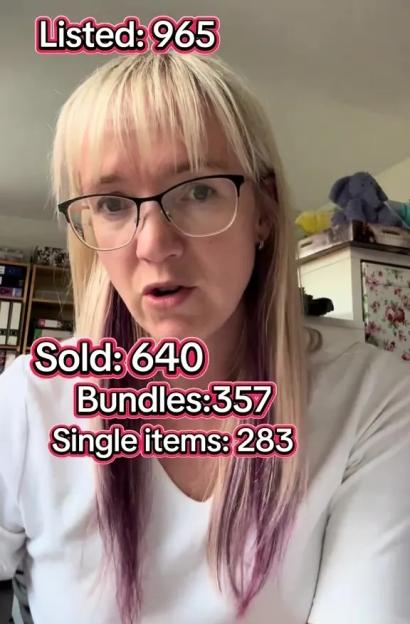 Woman reporting 640 items sold on Vinted, including 357 bundles and 283 single items, from 965 listed items.