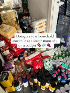 A year's supply of household goods and groceries stockpiled by a single mother of four.