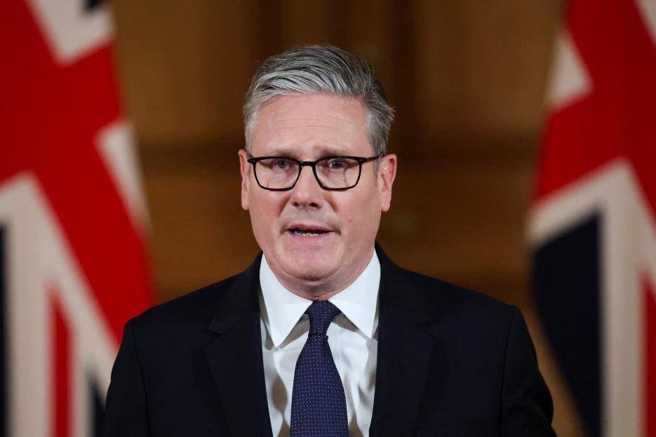 UK Prime Minister Keir Starmer delivers a statement inside No. 10 Downing Street.
