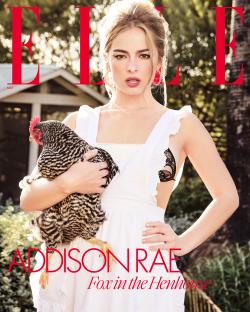 Addison Rae on the cover of ELLE magazine, holding a chicken.