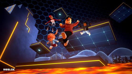Roblox avatars jumping on platforms above lava.