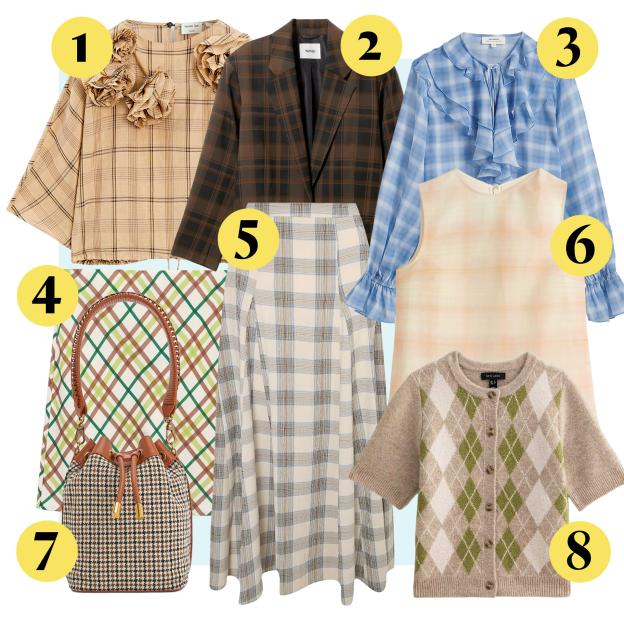 Collage of plaid clothing and accessories.