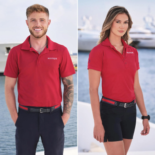 Gael Cameron and Nathan Gallagher in red Mustique polo shirts.