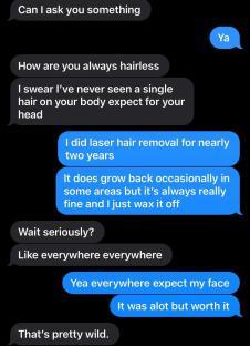 Text message conversation about laser hair removal.