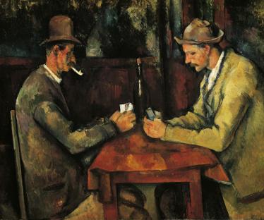 Illustration of two men playing cards at a table.