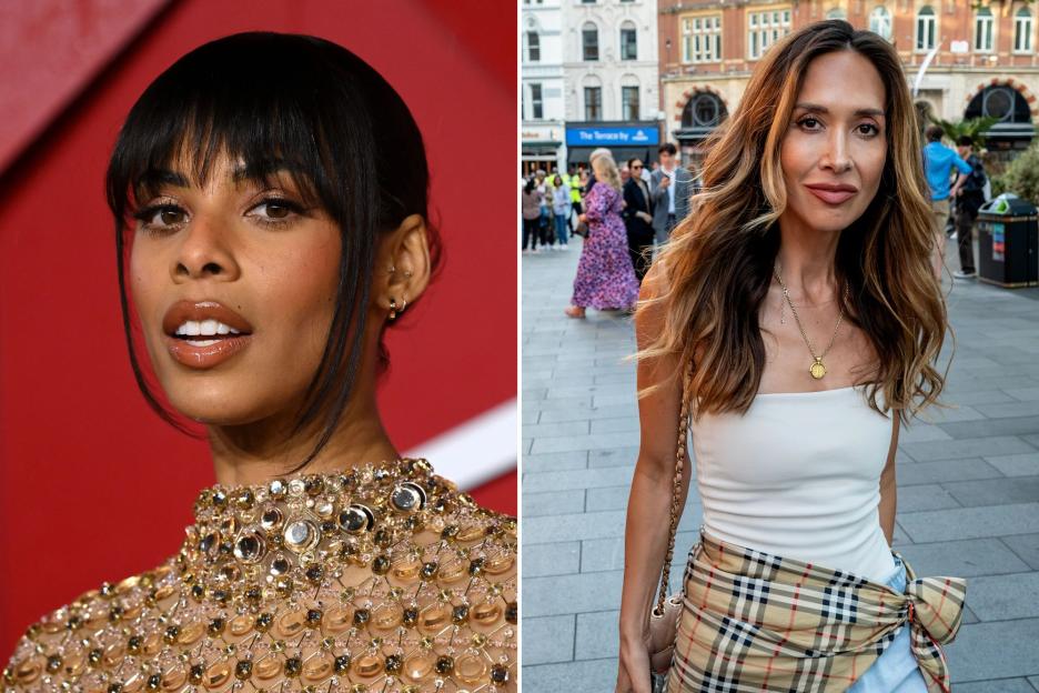 An image collage containing 2 images, Image 1 shows Rochelle Humes at The Fashion Awards, Image 2 shows Myleene Klass leaving a radio studio