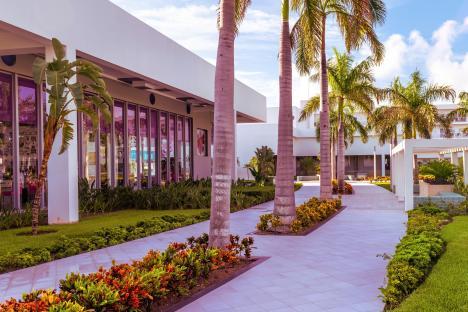 Landscaped walkway outside a hotel.