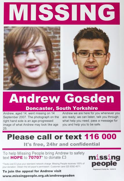 Missing poster for Andrew Gosden with two images of him and contact information.