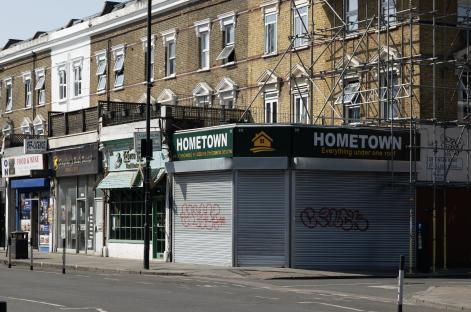 Shops and buildings in Shepherd's Bush, London.