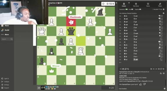 Screenshot of a chess game ending in checkmate, showing a player celebrating their win.