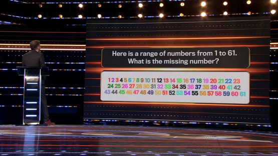 Screenshot of a game show question: What is the missing number in the sequence from 1 to 61? The number 29 is missing.