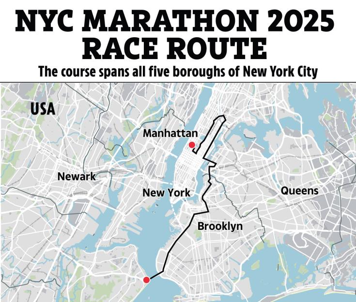 Illustration of the 2025 NYC Marathon race route, highlighting the course spanning all five boroughs of New York City.